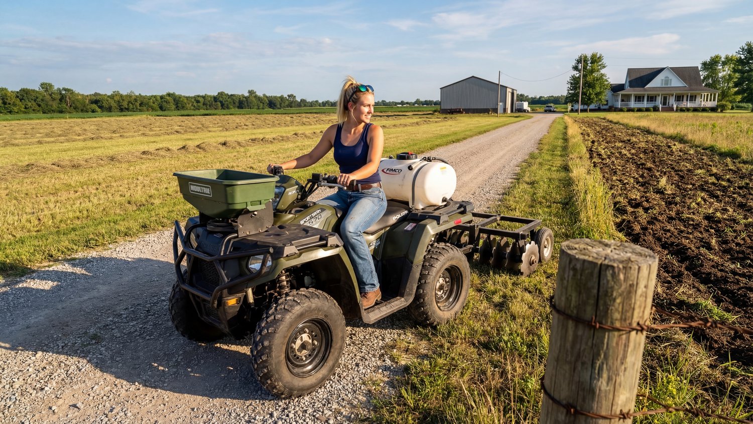 Woman on a Polaris ATV loaded with sprayer, spreader, and disc harrow on a farm road