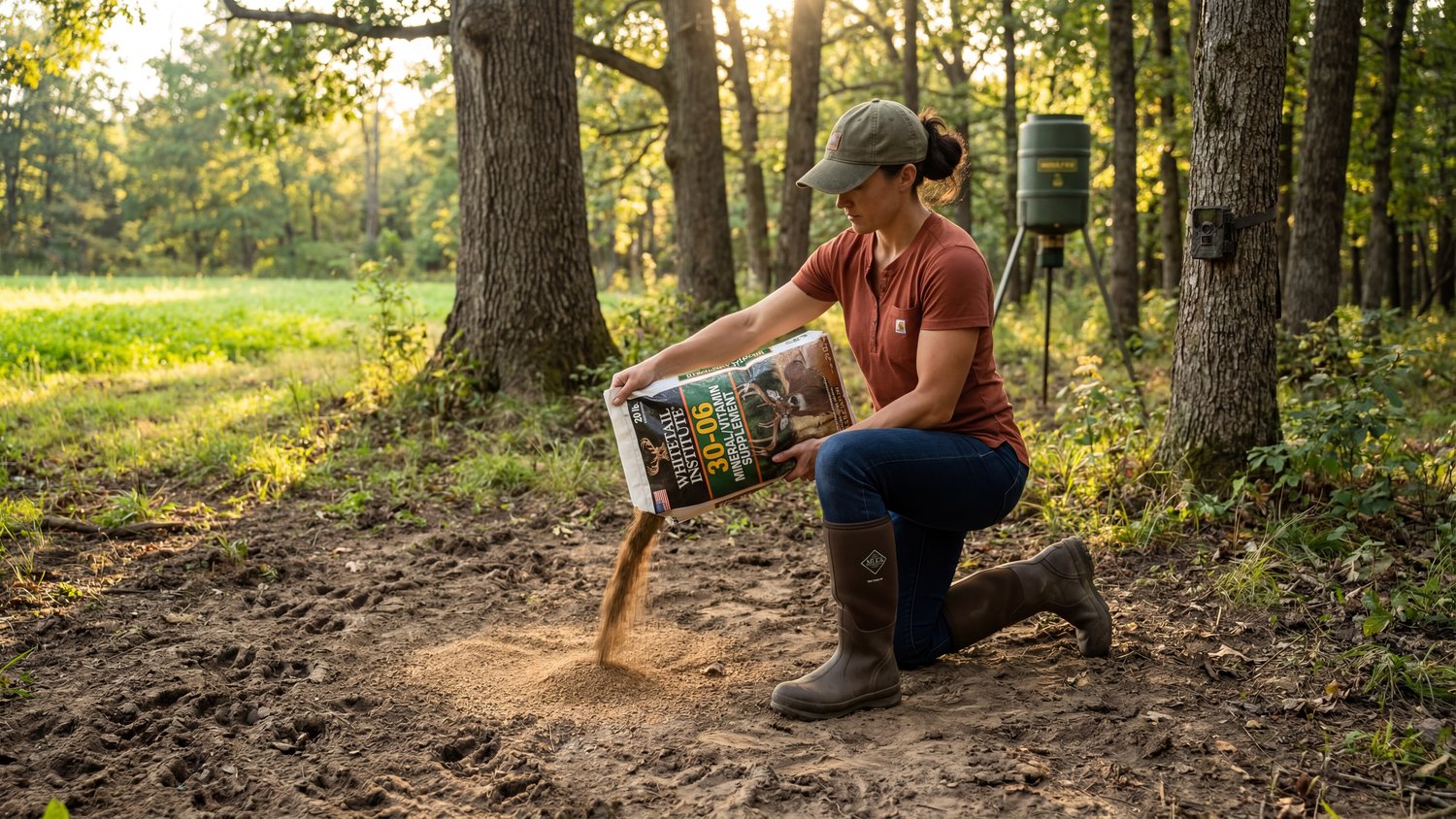 Woman pouring deer mineral supplement at a cleared ground site at the edge of a hardwood forest