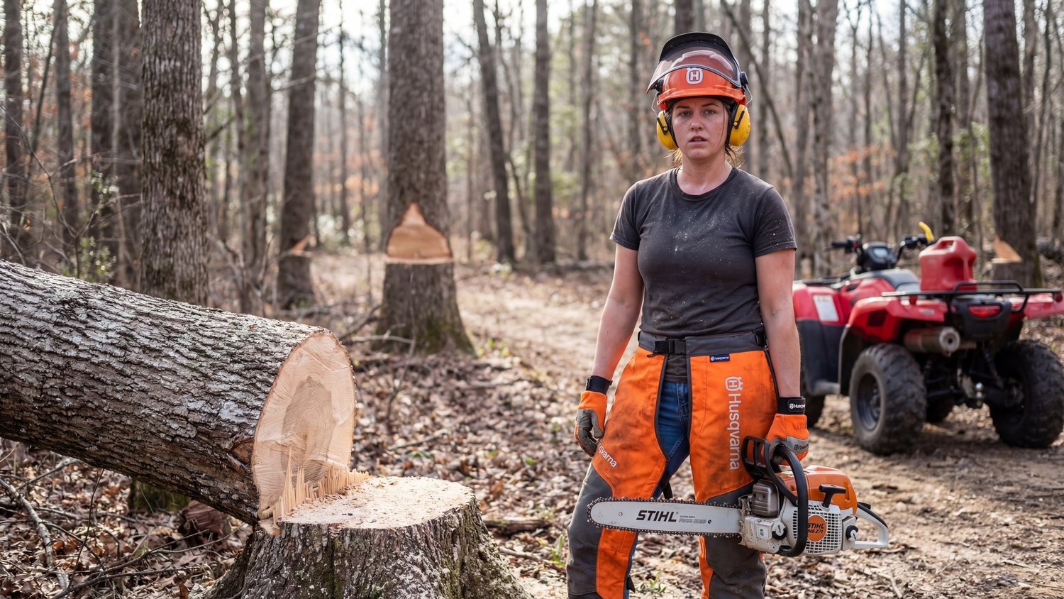 Woman in Husqvarna chainsaw chaps and safety gear holding a Stihl chainsaw next to a felled tree