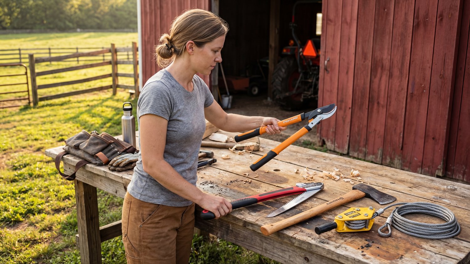 Woman organizing hand tools on a rustic workbench outside a weathered red barn